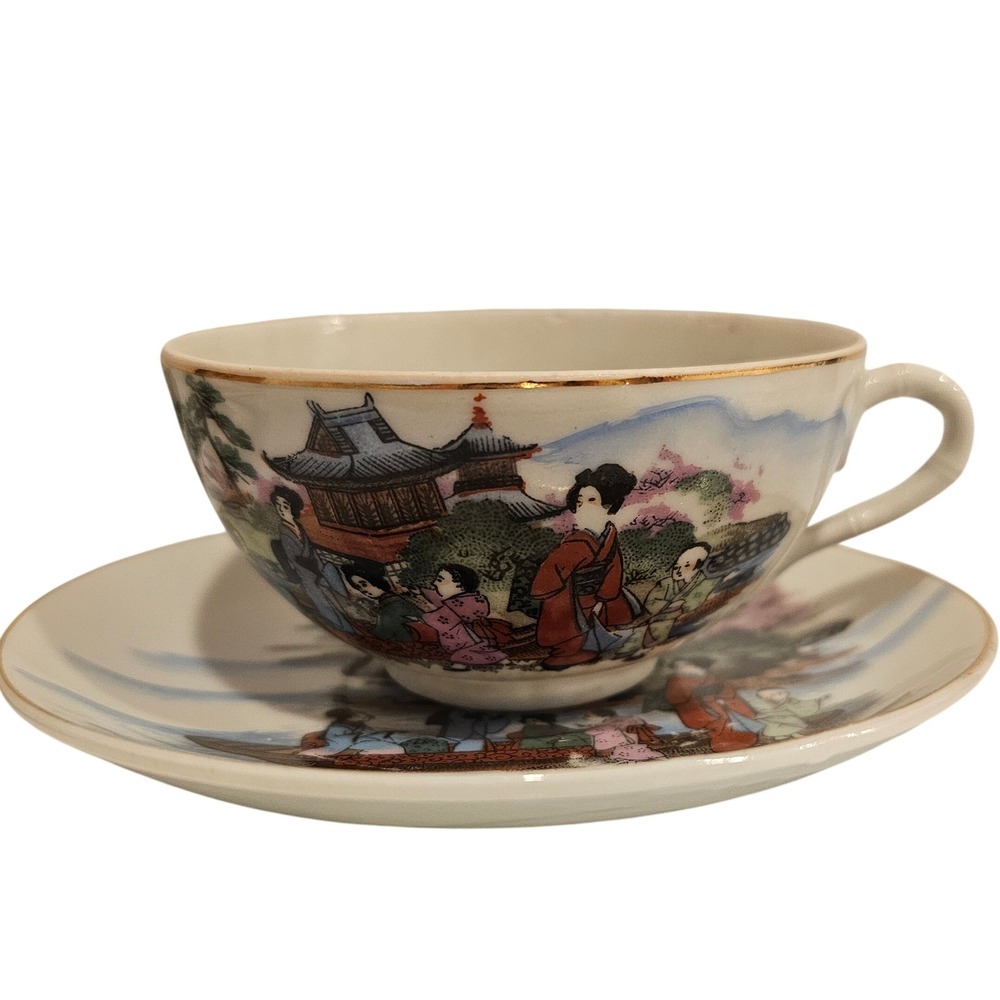 Vintage Japanese Lithophane Porcelain Tea Cup Saucer Set 4 Geisha Pagoda Gold